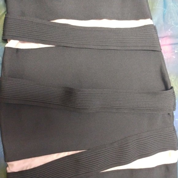 ❤️CELINE PARIS Runway Black / Tan Bandage Bodycon Strapless Wiggle Dress Small - Picture 6 of 10